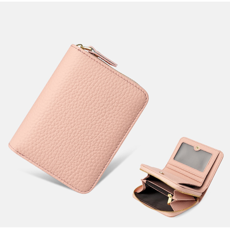 V888-ELOSUNG27119-202504221142-00 Pink Compact RFID Genuine Leather Wallet for Women - Secure Zipper Card Holder & Coin Purse - Image 1