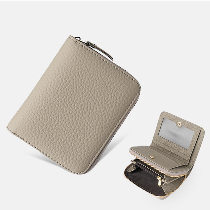 V888-ELOSUNG27120-202504221142-00 Grey Compact RFID Genuine Leather Wallet for Women - Secure Zipper Card Holder & Coin Purse - Image 1