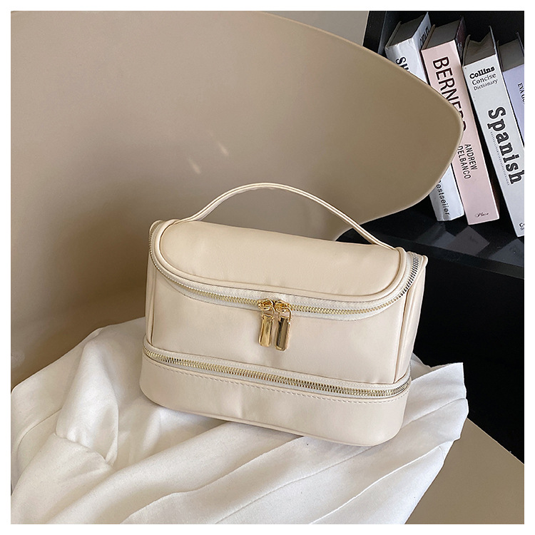 V888-ELOSUNG27148-202504281535-00 Beige Large Capacity Double Layer PU Leather Makeup Bag - Portable Travel Cosmetic Organizer Case - Image 1