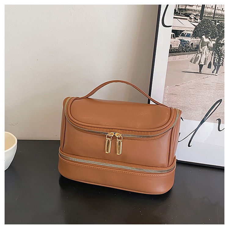 V888-ELOSUNG27150-202504281536-00 Brown Large Capacity Double Layer PU Leather Makeup Bag - Portable Travel Cosmetic Organizer Case - Image 1
