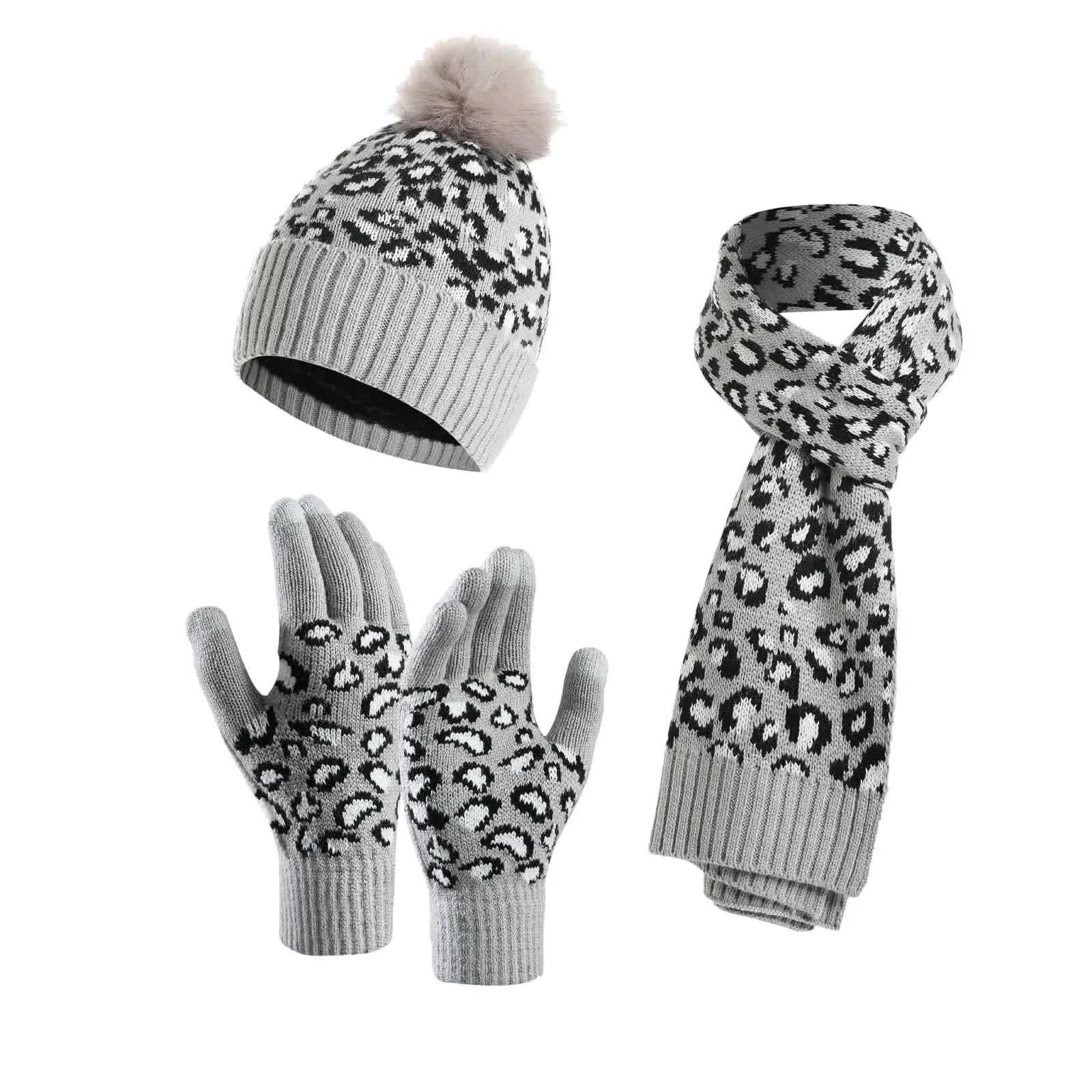 V888-ELOSUNG27168-202504281306-00 Light Grey Women's 3-Piece Winter Knit Set - Leopard Print Plush Lined Beanie Hat, Scarf & Touchscreen Gloves - Image 1