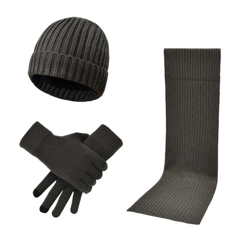 V888-ELOSUNG27175-202504281313-00 Dark Grey Men's 3-Piece Winter Warm Ribbed Knit Beanie Hat Scarf and Gloves Set - Image 1