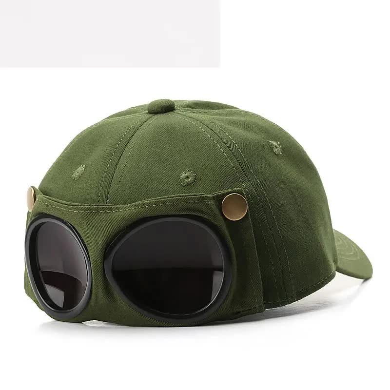 V888-ELOSUNG27194-202504281510-00 Army Green Stylish Aviator Goggle Baseball Cap - Unisex Outdoor Cotton Sun Hat - Image 1