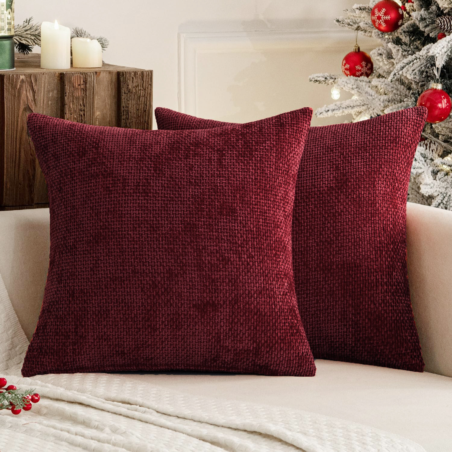 V888-ELOSUNG27219-202504281246-00 Dark Red Plush Chenille Cushion Covers Set of 2 - Soft Textured Decorative Throw Pillow Cases for Sofa Couch, 45x45cm - Image 1