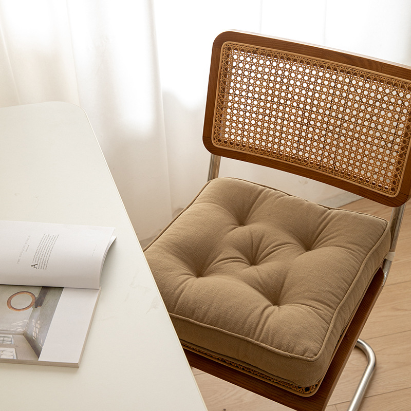 V888-ELOSUNG27228-202504281322-00 Brown Soft And Thick Seat Cushion - Cotton Linen Blend Chair Pad with Ties - 43x43cm - Image 1