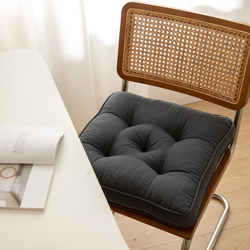 V888-ELOSUNG27231-202504281326-00 Dark Grey Soft And Thick Seat Cushion - Cotton Linen Blend Chair Pad with Ties - 43x43cm - Image 1