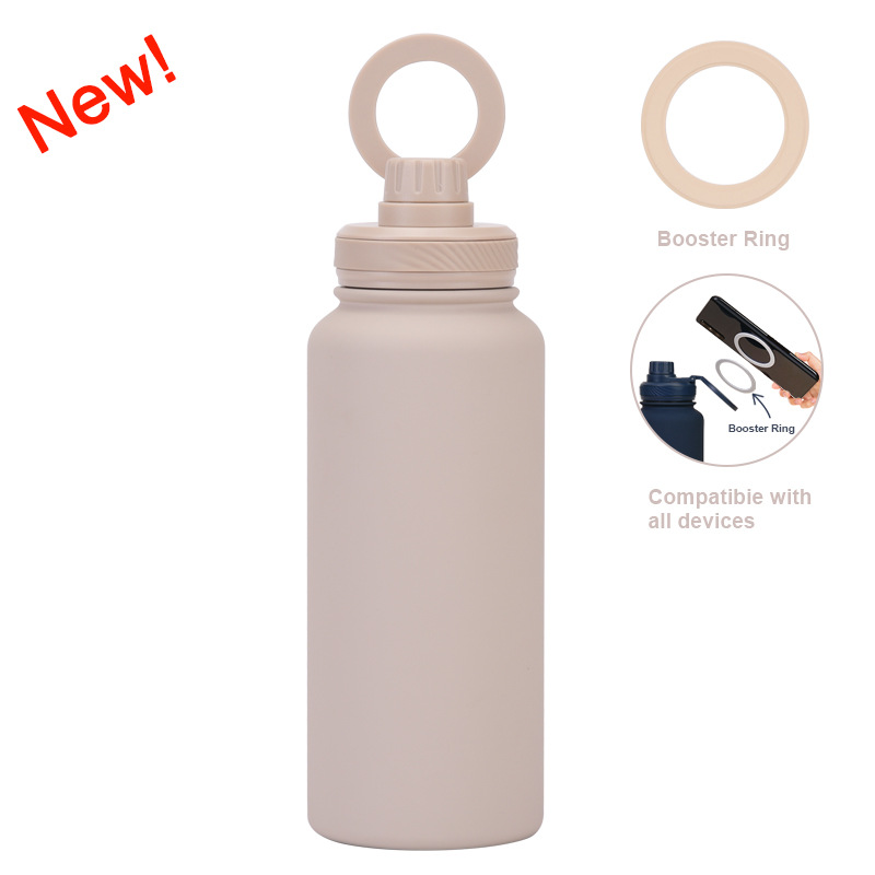 V888-ELOSUNG27242-202504281337-00 Beige 1L Stainless Steel Water Bottle with Magnetic Phone Holder Lid - Portable Hydration & Hands-Free Stand - Image 1