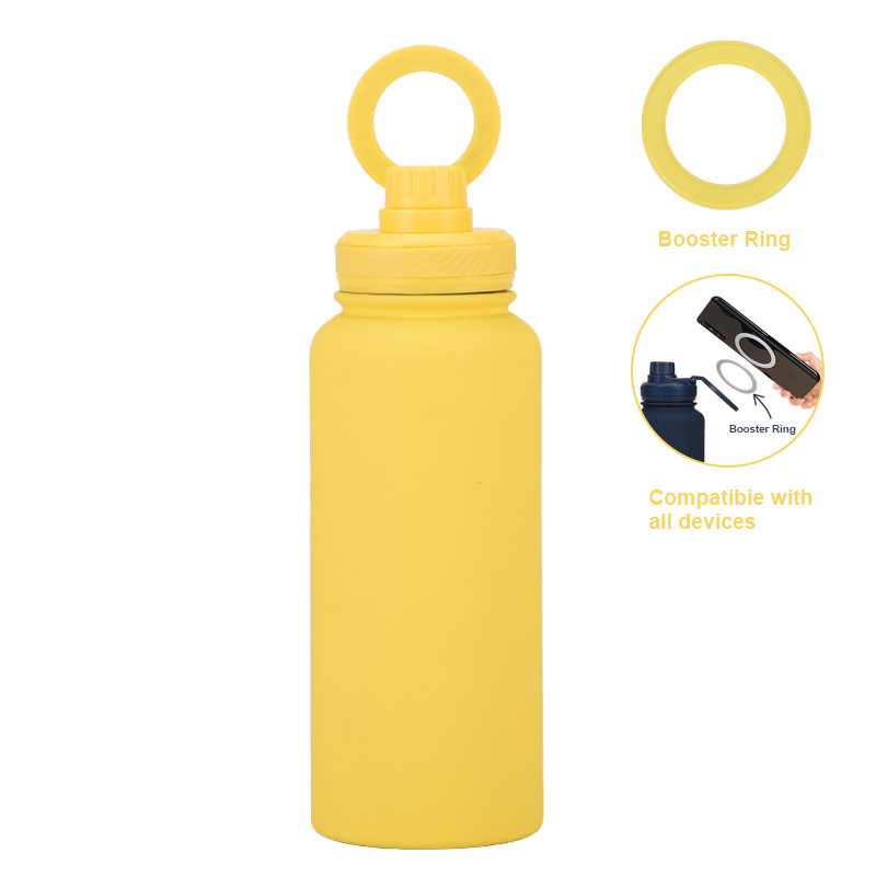 V888-ELOSUNG27251-202504281343-00 Yellow 1L Stainless Steel Water Bottle with Magnetic Phone Holder Lid - Portable Hydration & Hands-Free Stand - Image 1