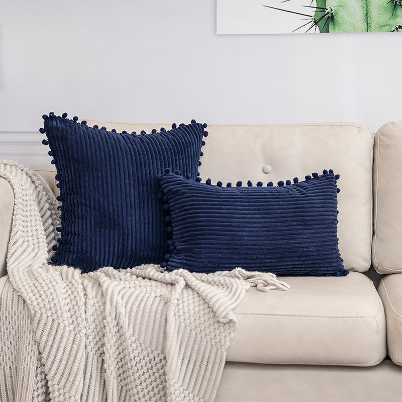 V888-ELOSUNG27289-202504291535-00 Navy Blue Soft Corduroy Cushion Cover Set (1 Square + 1 Rectangular) with Pom Pom Trim - Decorative Throw Pillow Cases for Sofa Couch - Image 1