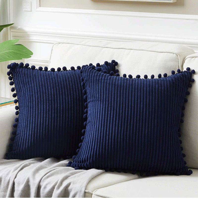 V888-ELOSUNG27305-202504291548-00 Navy Blue Soft Corduroy Cushion Covers with Pom Pom Trim - Set of 2 Decorative Throw Pillow Cases for Sofa Couch Bed, 45x45cm - Image 1