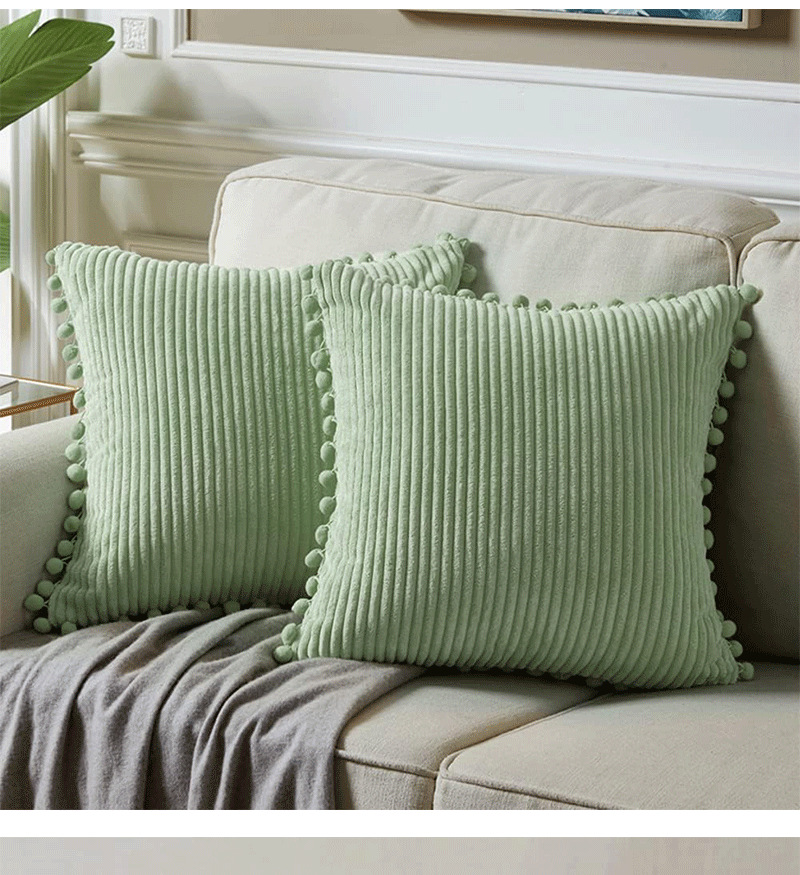 V888-ELOSUNG27307-202504291551-00 Light Green Soft Corduroy Cushion Covers with Pom Pom Trim - Set of 2 Decorative Throw Pillow Cases for Sofa Couch Bed, 45x45cm - Image 1