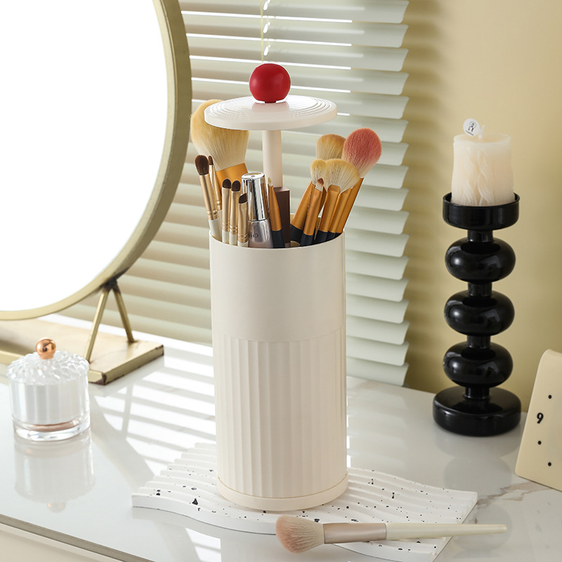 V888-ELOSUNG27334-202505061353-00 Beige Automatic Lifting Makeup Brush Holder - Dustproof Desktop Organizer with Lid & Compartments - Image 1