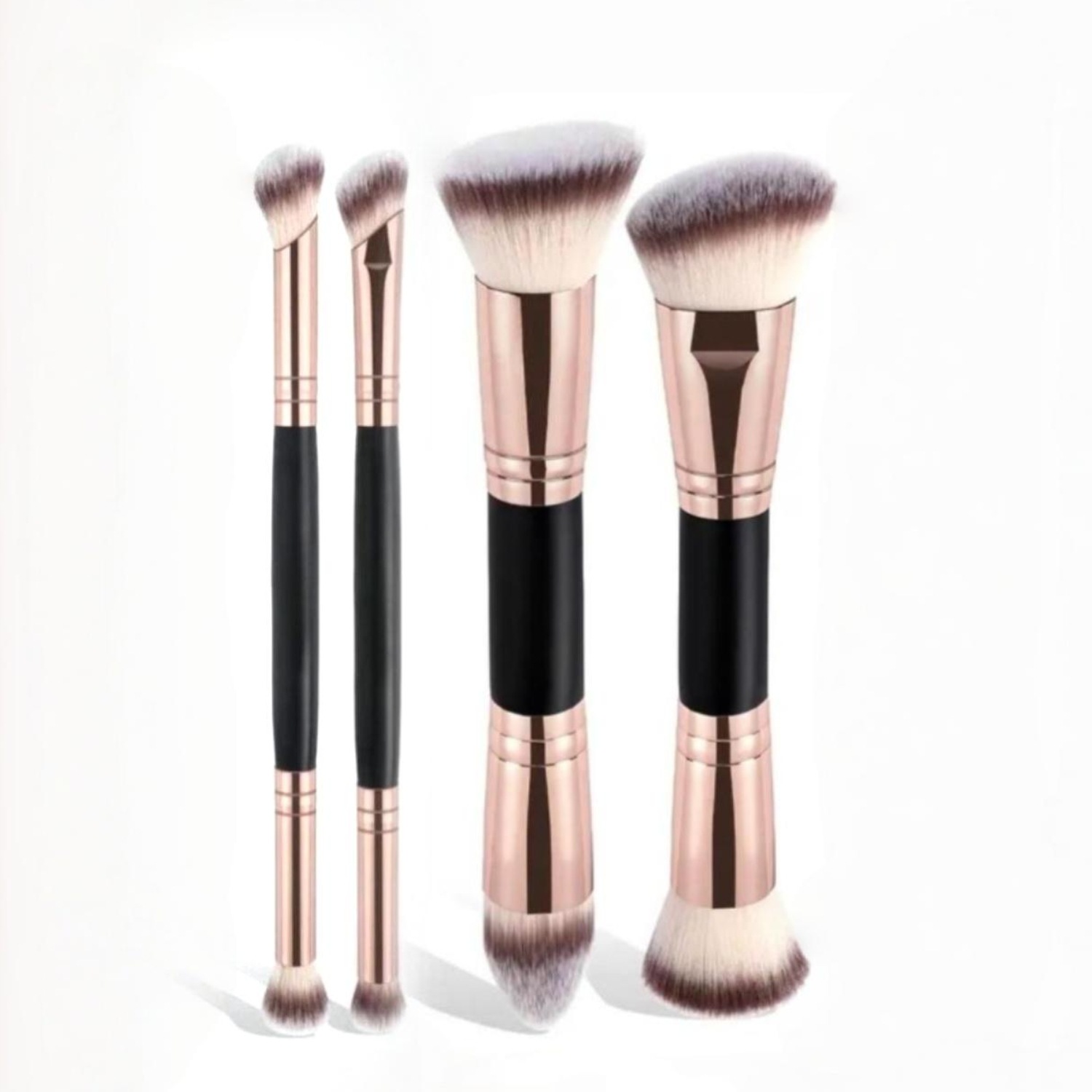 V888-ELOSUNG27343-202505071442-00 Black and Glod Versatile 4pc Dual-Ended Makeup Brush Set - Soft Synthetic Bristles for Foundation Blush Contour Concealer - Image 1