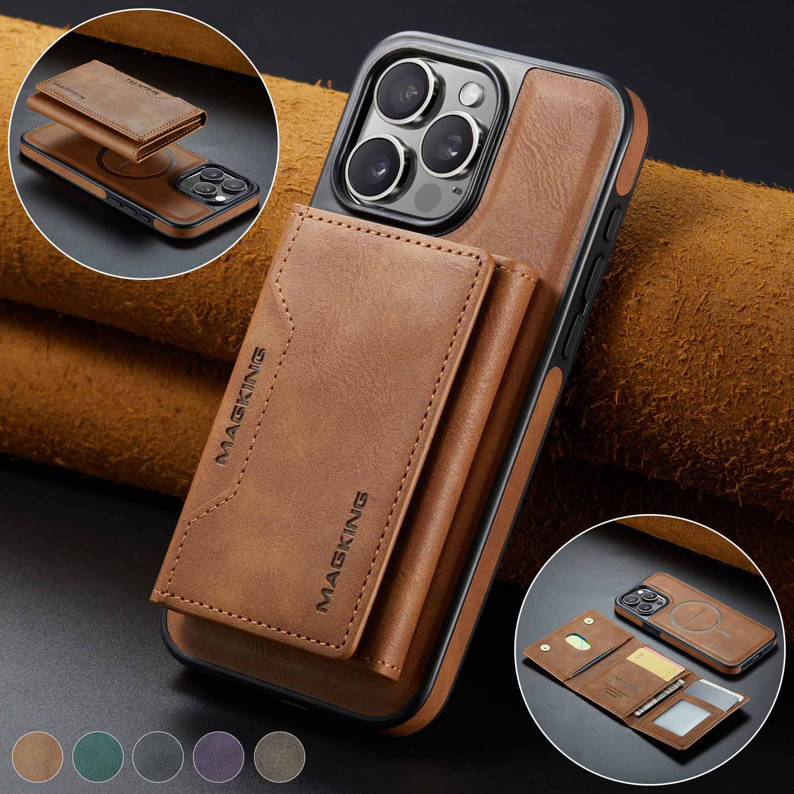 V888-ELOSUNG27399-202505081735-00 Brown Premium MagSafe Wallet Case for iPhone 16 Pro - Detachable PU Leather Magnetic Card Holder - Image 1