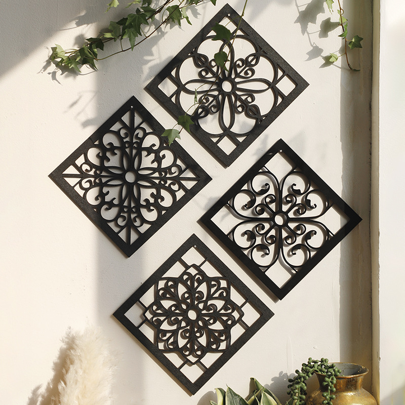 V888-ELOSUNG27435-202505081813-00 Black Set of 4 Intricate Black Wooden Wall Art Panels - Diamond Mandala Style Home Decor Plaques - Image 1