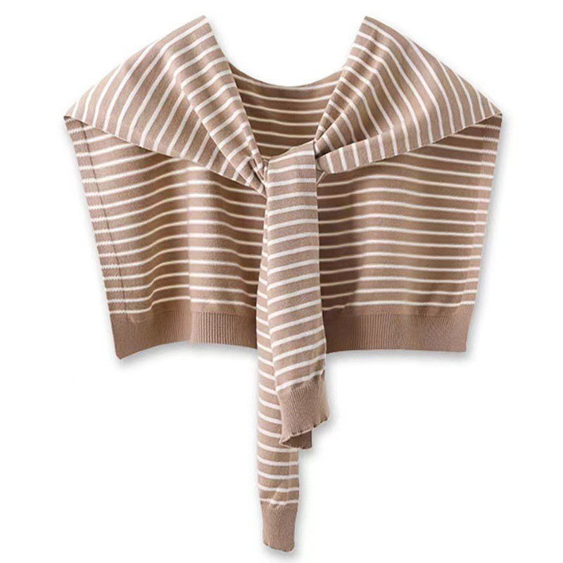 V888-ELOSUNG27483-202505131741-00 Khaki Chic Striped Knit Tie-Front Shawl - Lightweight Versatile Layering Capelet for Women - Image 1