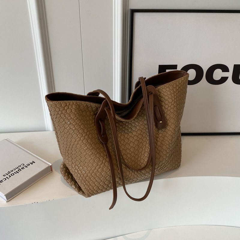 V888-ELOSUNG27549-202505131700-00 Khaki and Brown Chic Woven PU Leather Tote Bag - Large Capacity Casual Shoulder & Handbag for Women - Image 1