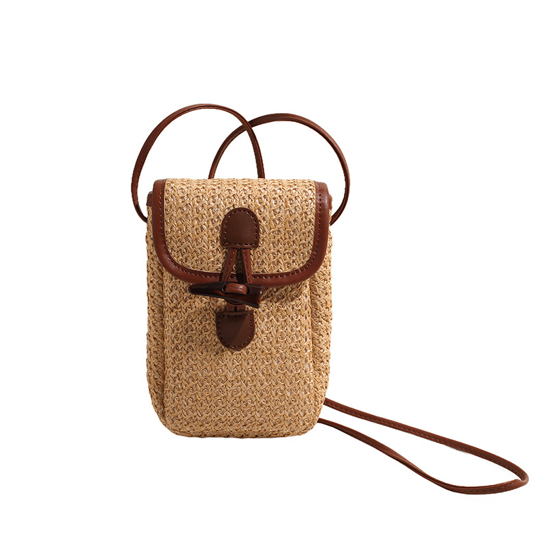 V888-ELOSUNG27559-202505131725-00 Khaki Boho Chic Woven Straw Crossbody Bag - Colourful Striped Mini Phone Pouch with Toggle Closure - Image 1