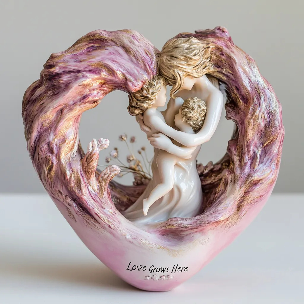 V888-ELOSUNG27571-202505131731-00 Pink Heartfelt Mother & Two Children Resin Figurine - "Love Grows Here" Decorative Home Accent Sculpture - Image 1