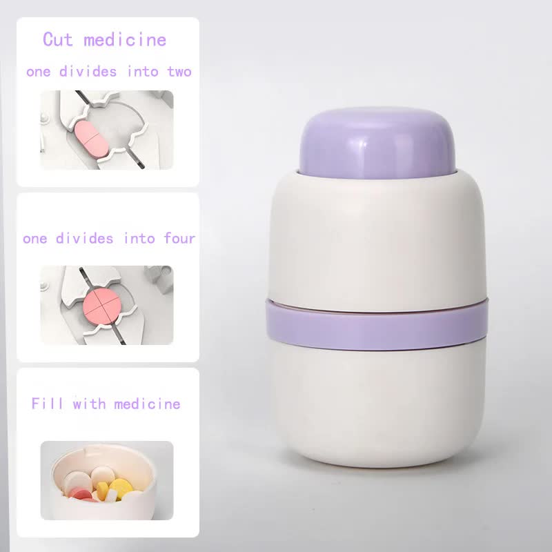 V888-ELOSUNG27573-202505131736-00 White And Purple 3-in-1 Pill Cutter Crusher & Storage Box - Portable Tablet Splitter Grinder for Precise Dosing - Image 1
