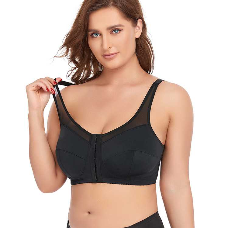 V888-ELOSUNG27597-202505131927-00 2 Pcs Size 4XL Women's Wireless Large-Cup Lace Bra with Front Clasp - Comfortable, Breathable, Black - Image 1