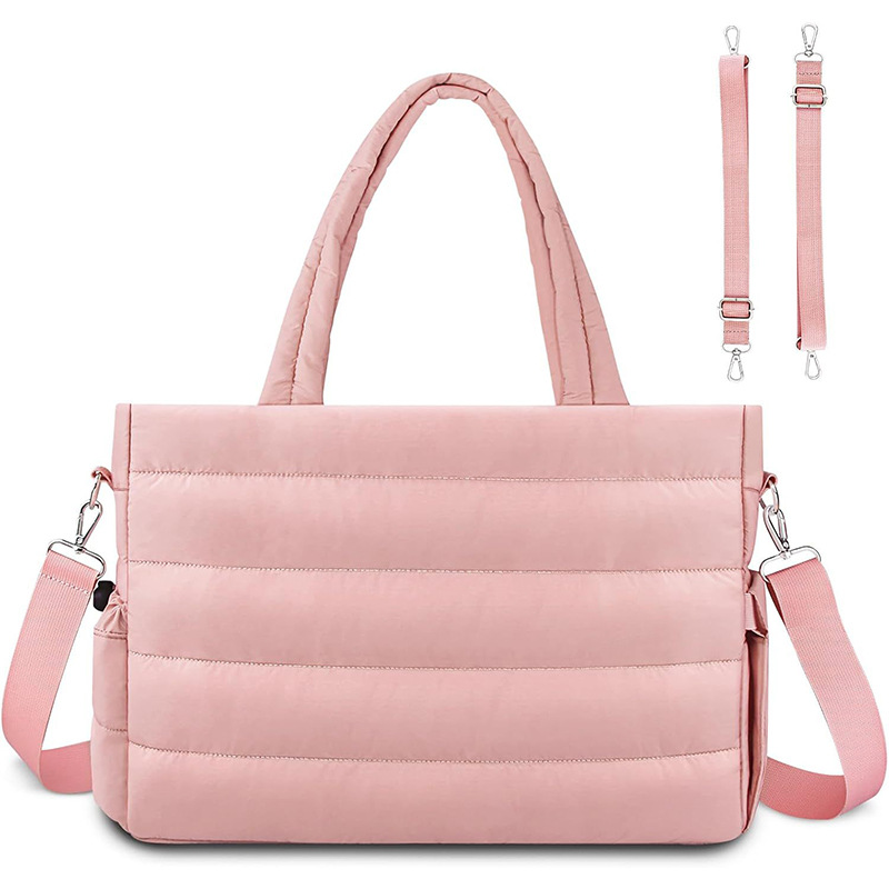 V888-ELOSUNG27621-202505151627-00 Pink Stylish Quilted Nylon Tote Bag - Large Capacity Diaper Nappy Bag for Travel & Stroller with Adjustable Straps - Image 1