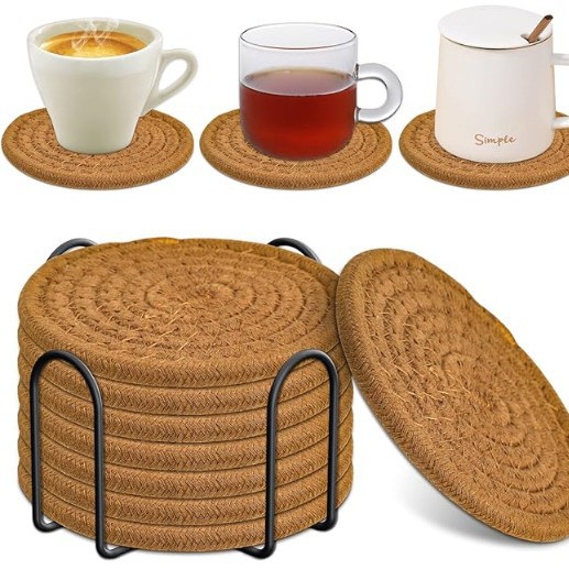 V888-ELOSUNG27630-202505151642-00 Brown Absorbent Woven Cotton Coasters - Set of 8 with Metal Holder - Heat Resistant Drink Mats for Table Protection - Image 1