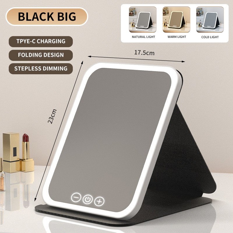 V888-ELOSUNG27704-202505151821-00 Black Large Foldable LED Makeup Mirror - Portable Desktop Vanity with 3 Color Lights, Stepless Dimming & Adjustable Stand - Image 1