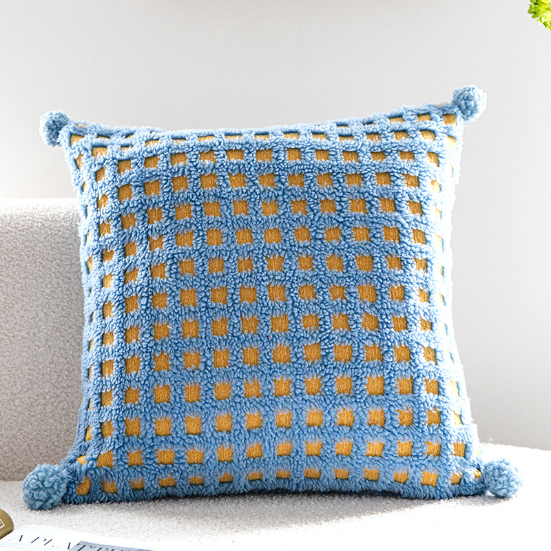 V888-ELOSUNG27768-202505191352-00 Blue and Yellow 3D Checkered Cushion Cover with Pom Poms - Soft Decorative Pillow Case for Sofa & Living Room (45x45cm, Cover Only) - Image 1