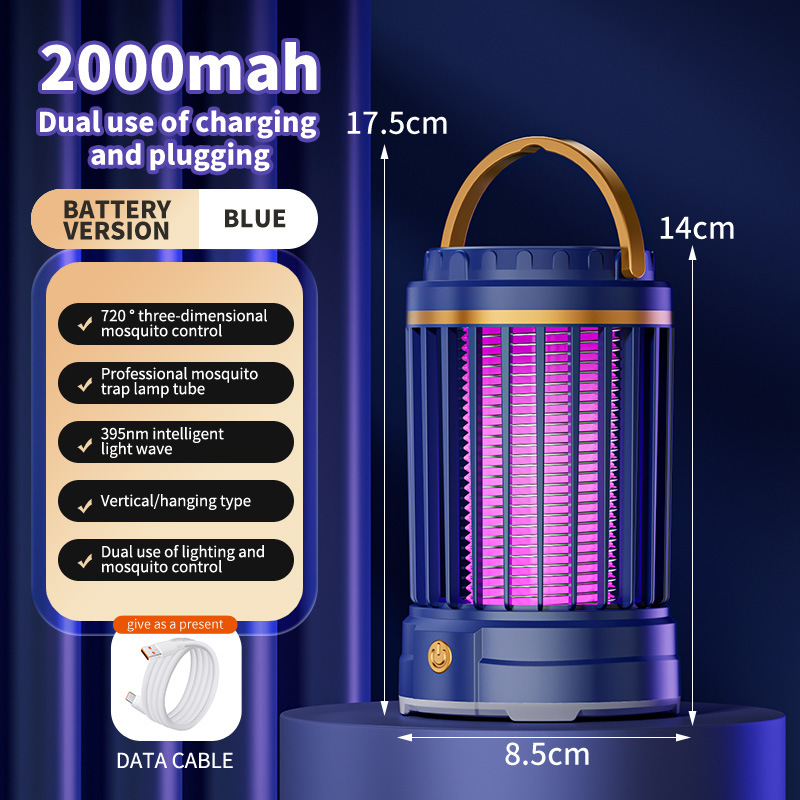V888-ELOSUNG27807-202505191301-00 USB Rechargeable Dark Blue Portable 3-in-1 Electric Mosquito Zapper Lamp - UV Bug Killer, Warm Night Light & Bright Lantern - Image 1