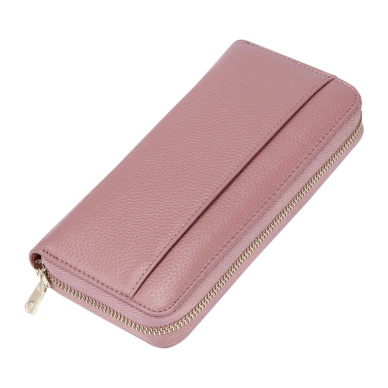 V888-ELOSUNG27841-202505191337-00 Pink Premium Genuine Leather RFID Blocking Long Wallet - Unisex Multi-Card Organizer Clutch with Zip-Around Closure - Image 1