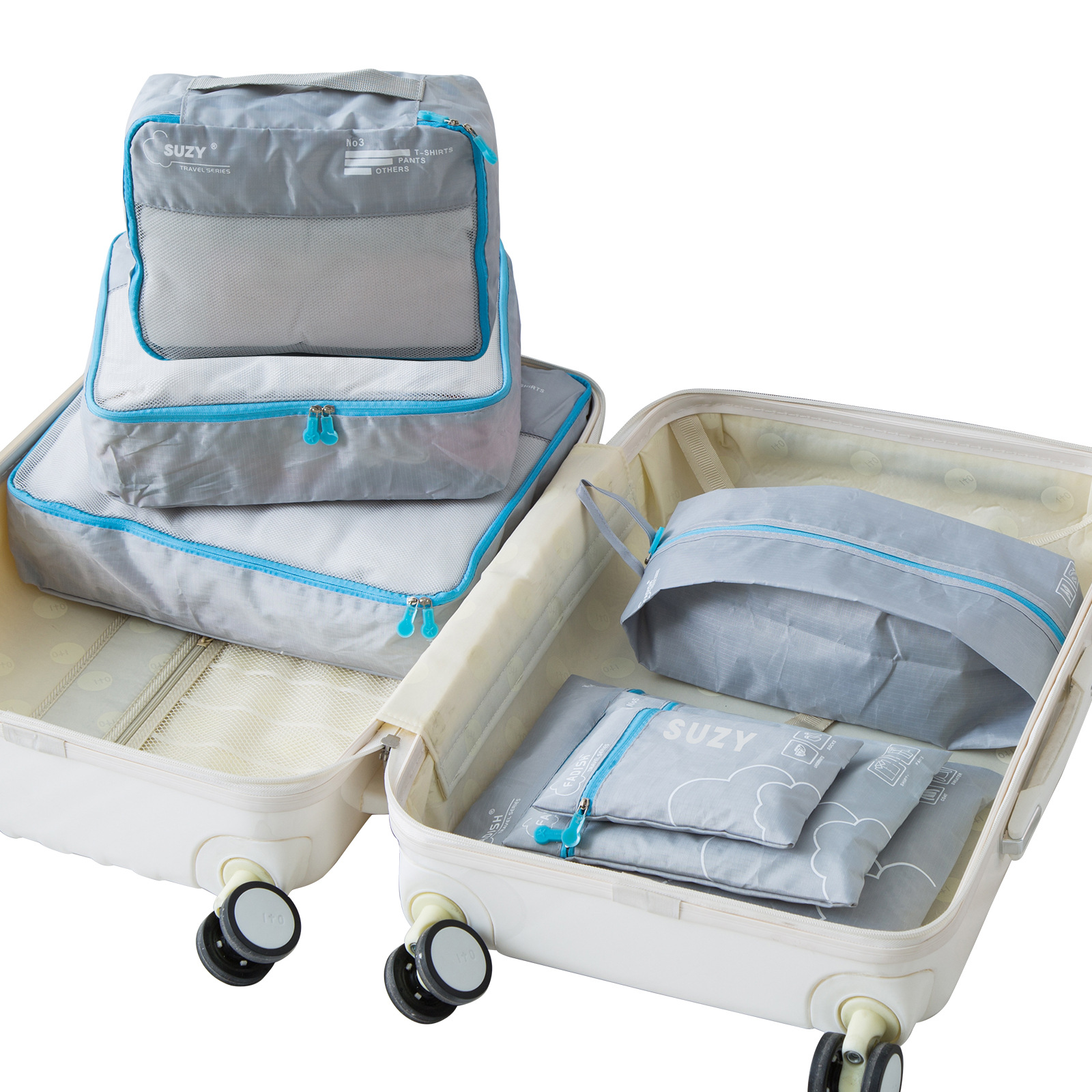 V888-ELOSUNG27850-202505231323-00 Grey 7-Piece Travel Packing Cubes & Organizer Set - Lightweight Luggage Storage Bags for Clothes, Shoes & Toiletries - Image 1