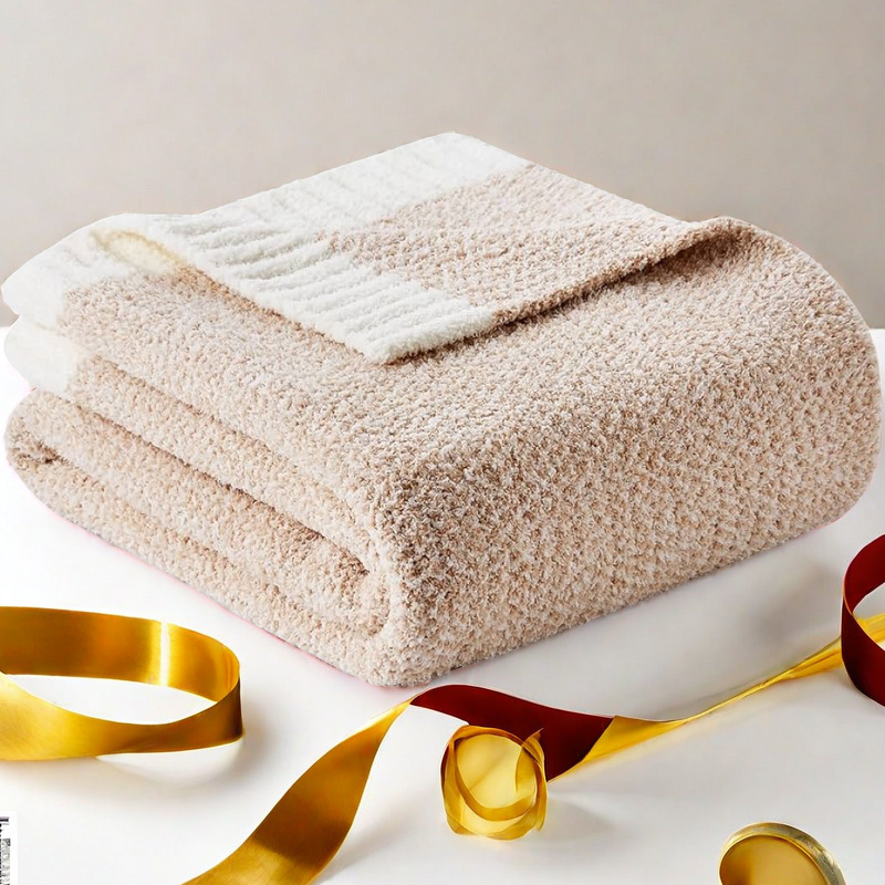 V888-ELOSUNG27859-202505231330-00 Pink and White Plush Chenille-Knit Throw Blanket - Soft Cozy Polyester for Bed & Sofa | Textured Two-Tone Design (127x153cm) - Image 1