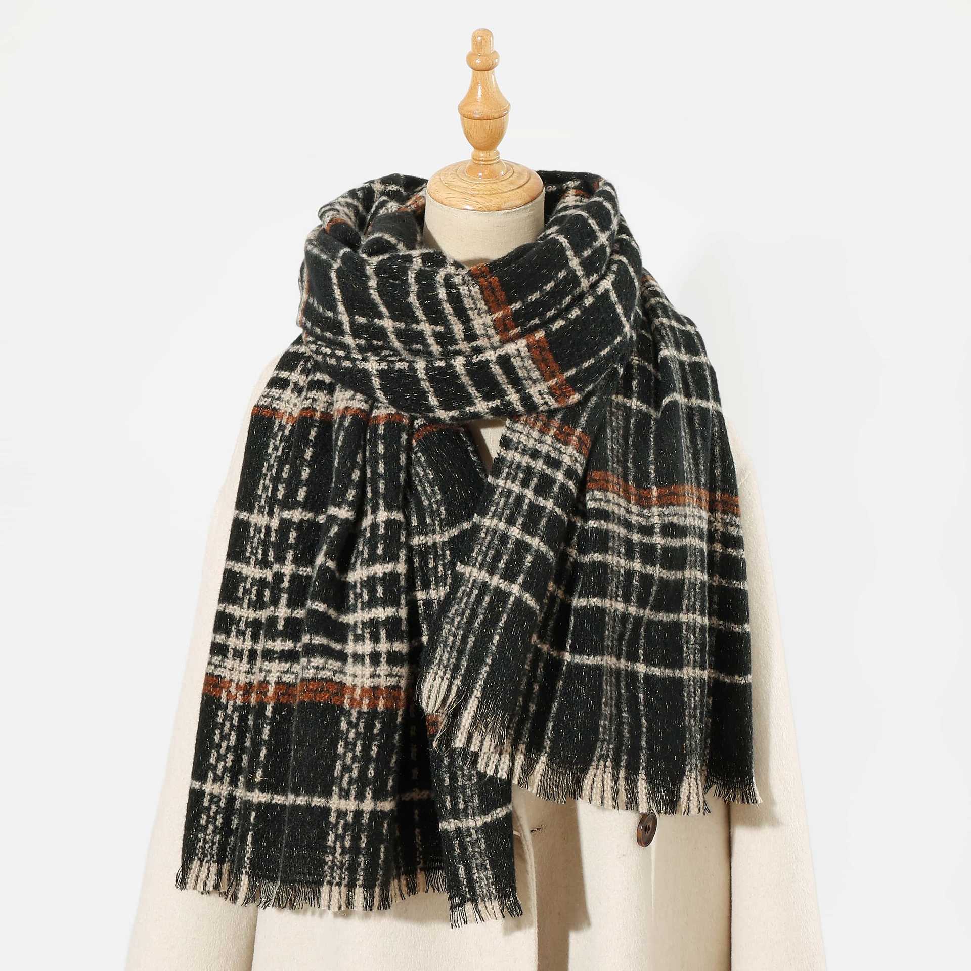 V888-ELOSUNG27886-202505231210-00 Black Chic Plaid Winter Scarf - Large Soft Polyester Shawl Wrap with Tassels, Korean Inspired Fashion - Image 1