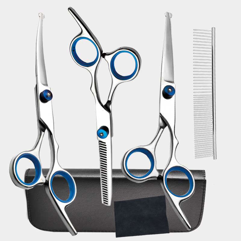 V888-ELOSUNG27893-202505231221-00 Blue and Silver Complete 5-Piece Pet Grooming Scissors Kit - Stainless Steel Straight, Curved & Thinning Shears with Comb & PU Case (6.0 Inch) - Image 1