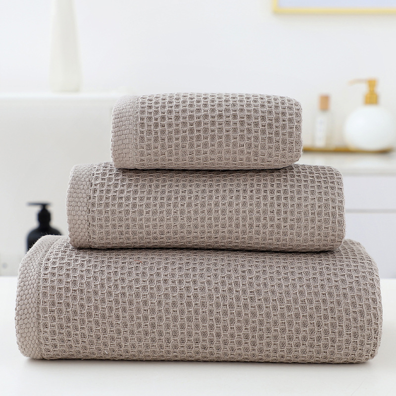 V888-ELOSUNG27945-202505231313-00 Brown Premium 3-Piece Waffle Weave Cotton Towel Set - Lightweight, Quick-Dry & Absorbent - Bath, Hand, Face Cloth - Image 1