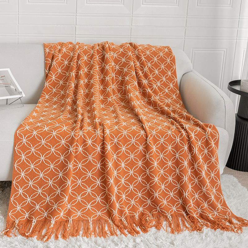 V888-ELOSUNG27992-202505231225-00 Orange Cozy Geometric Knitted Throw Blanket with Tassels - Soft Acrylic Decorative Sofa & Bed Cover, 130x180cm - Image 1