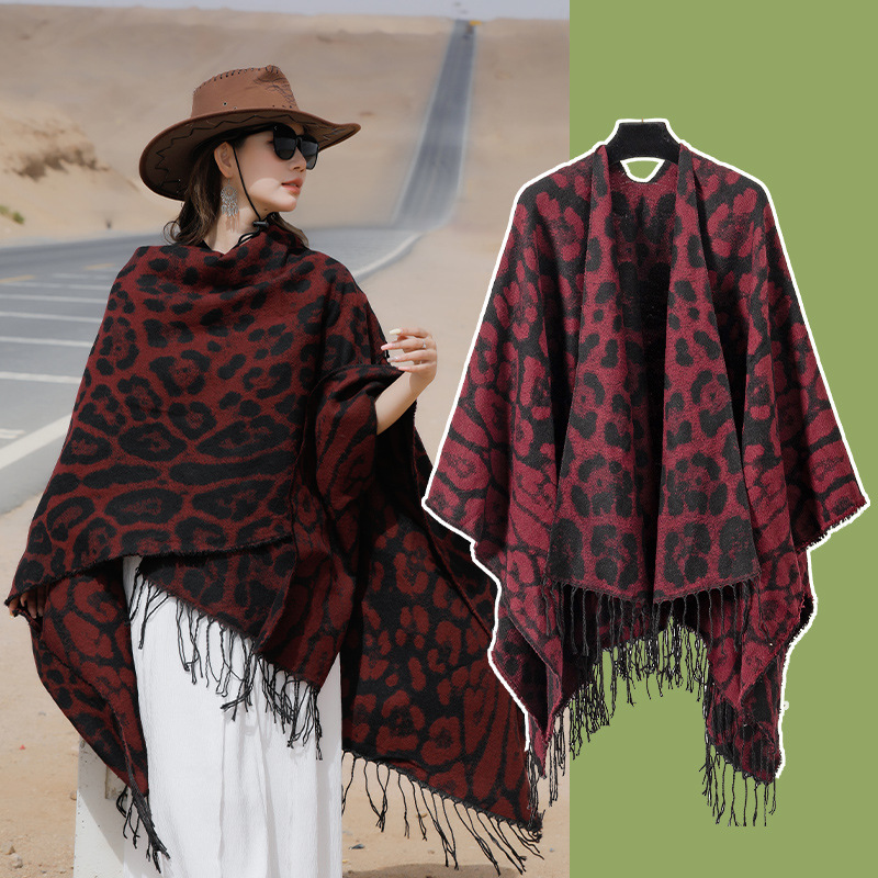 V888-ELOSUNG28070-202504281306-00 Wine-red Bold Leopard Print Poncho Cape - Women's Warm Oversized Shawl Wrap (130x150cm) - Image 1
