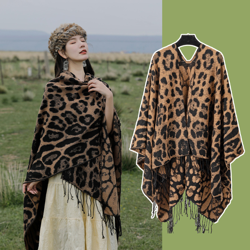 V888-ELOSUNG28071-202504281307-00 Khaki Bold Leopard Print Poncho Cape - Women's Warm Oversized Shawl Wrap (130x150cm) - Image 1
