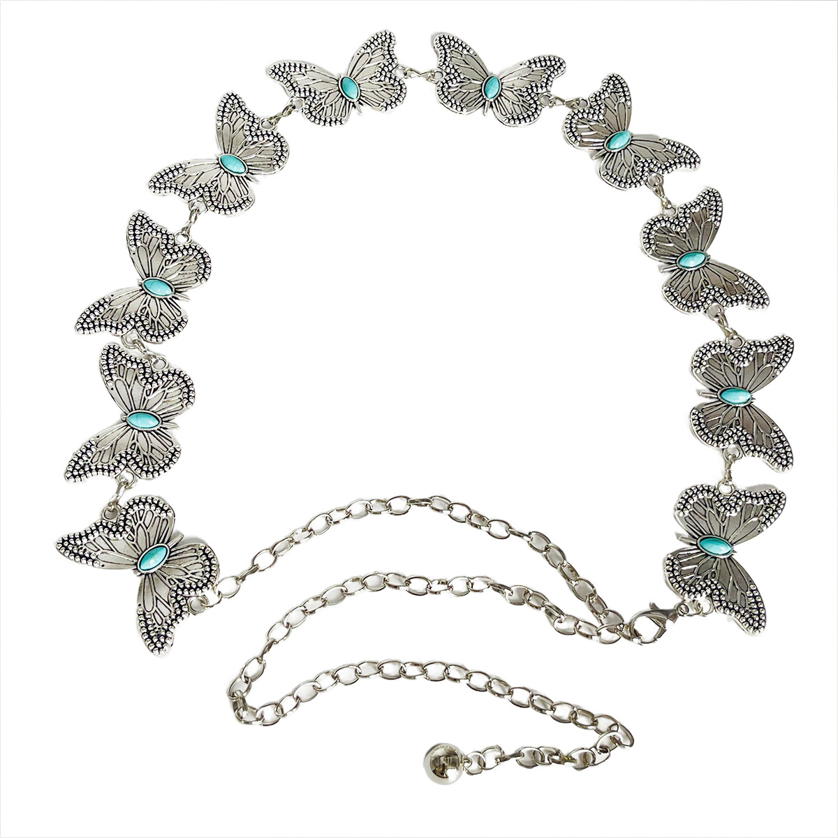 V888-ELOSUNG28087-202504281332-00 Turquoise Butterfly Belt Chain-Silver Set of 4 Bohemian Ethnic Style Metal Waist Chains - Versatile Fashion Belts for Dresses & Shirts - Image 1