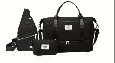 V888-ELOSUNG28135-202504281540-00 Black Stylish 3-Piece Quilted Travel Bag Set - Weekender Duffel with Shoe Compartment, Sling Bag & Cosmetic Pouch - Image 1