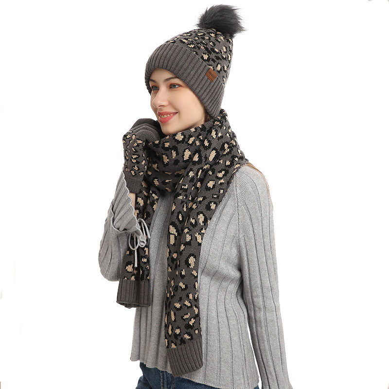 V888-ELOSUNG28181-202504281617-00 Dark Grey Women's Leopard Print Winter Warm Knit Set - 3 Piece Fleece Lined Hat, Scarf & Gloves - Image 1