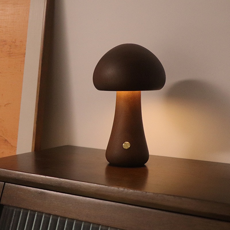 V888-ELOSUNG28191-202504291535-00 Dark Brown Solid Wood Mushroom LED Table Lamp - Rechargeable Touch Control Bedside Night Light (Large) - Image 1