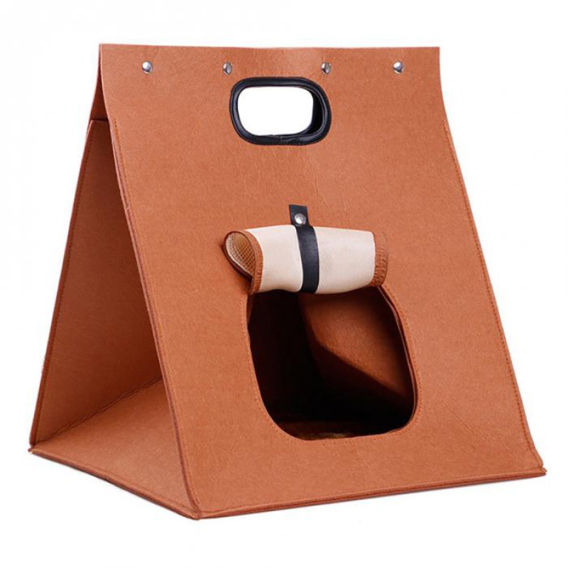 V888-ELOSUNG28316-202505071511-00 Brown Cozy A-Frame Felt Pet Teepee - Foldable & Portable Cat Cave Bed with Easy Carry Handle - Image 1