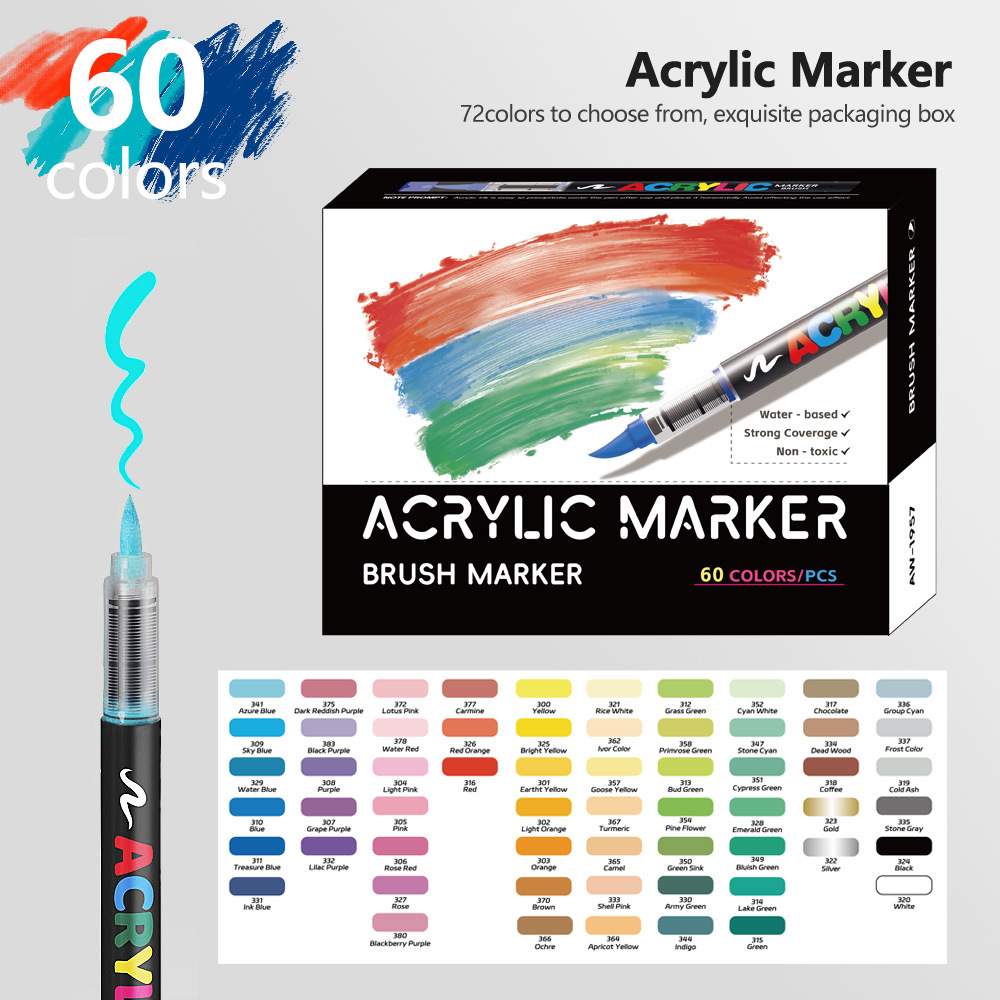 V888-ELOSUNG28418-202505131821-00 60 Colour Set Vibrant Cyan Acrylic Marker with Soft Brush Tip - 13.8 cm Professional Art Pen - Image 1