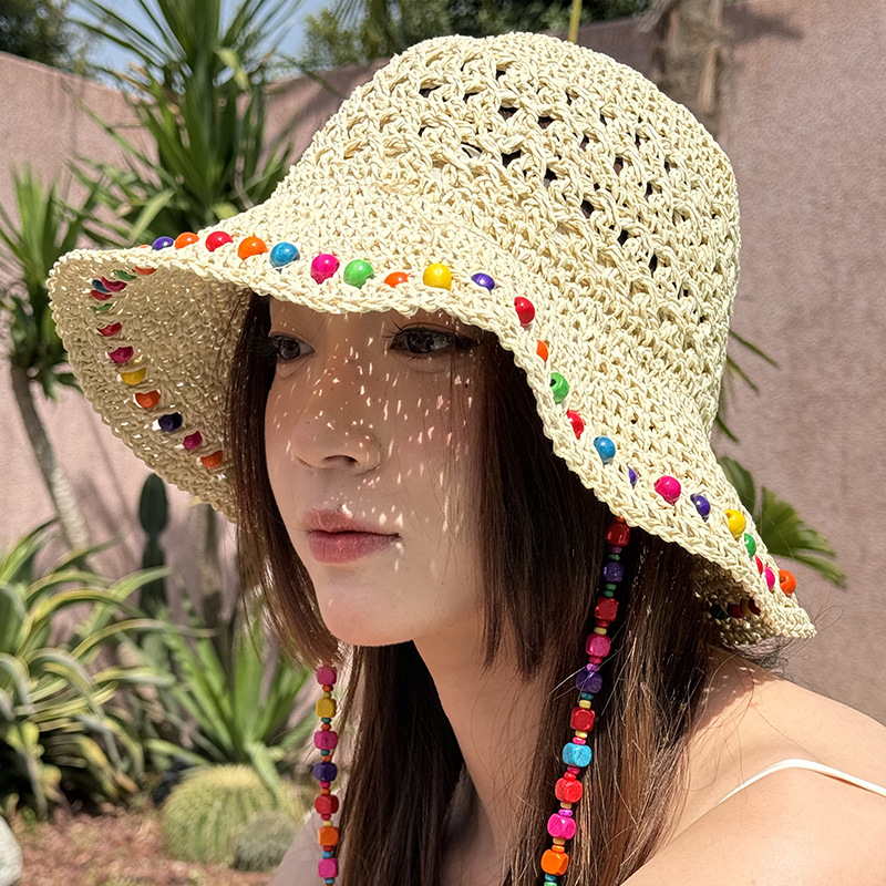 V888-ELOSUNG28663-202505191212-00 Beige Colorful Wooden Bead Straw Hat for Women - Large Brim Sun Protection - Image 1