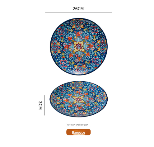 V888-ELOSUNG28723-202505191325-00 Blue Baroque 10-Inch Bohemian Ceramic Shallow Plate - Image 1