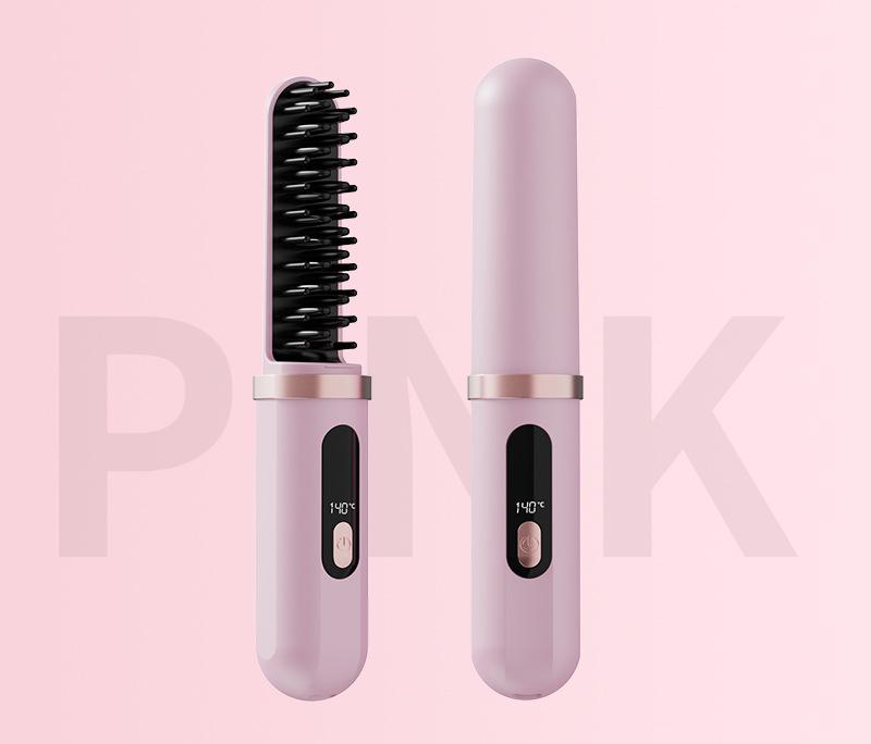 V888-ELOSUNG29285-202505261528-00 Cordless Hair Straightener Brush - 4000mAh USB-C Rechargeable, 4 Temps, Anti-Scald 3D Comb Design(Pink) - Image 1