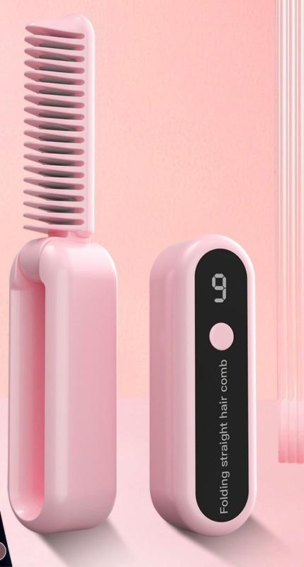 V888-ELOSUNG29669-202506101143-00 Foldable Wireless Hair Straightener Comb - 9 Temperature Settings, Anti-Scald, USB-C Rechargeable(pink) - Image 1