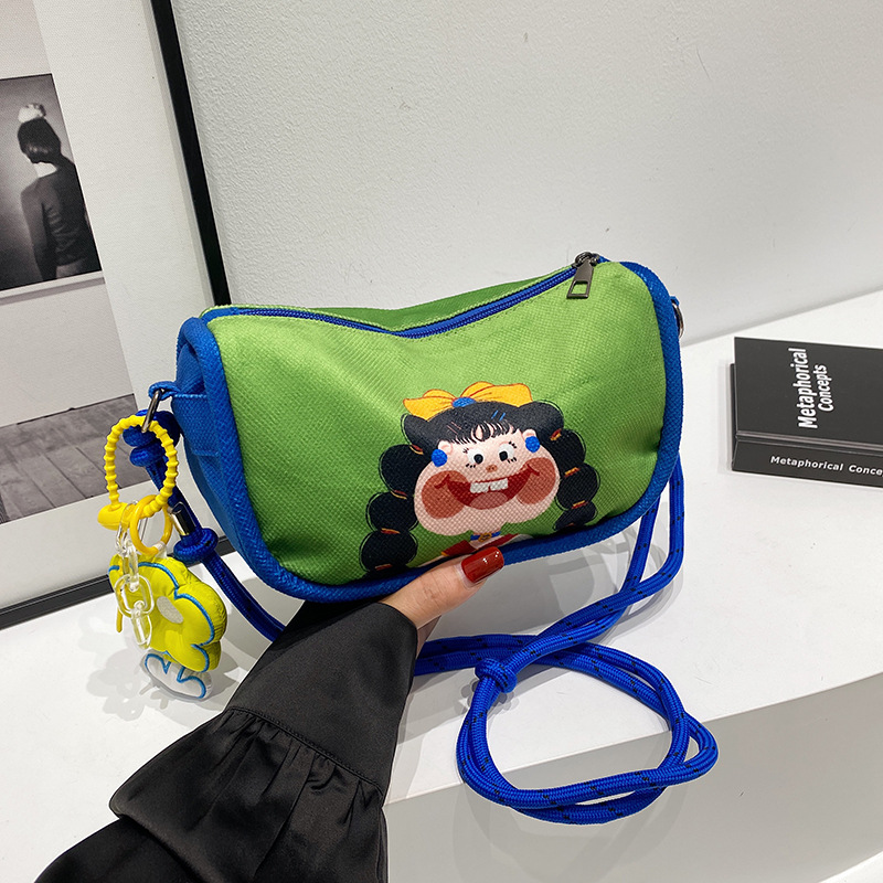V888-ELOSUNG29677-202506111535-00 Whimsical Cartoon Girl Crossbody Bag - Lightweight Canvas with Adjustable Rope Strap & Flower Charm(Fruit green) - Image 1